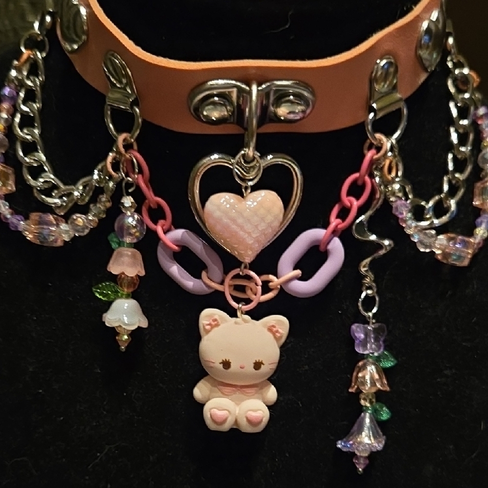 Adorable Pink Heart and Kitty Charm Choker